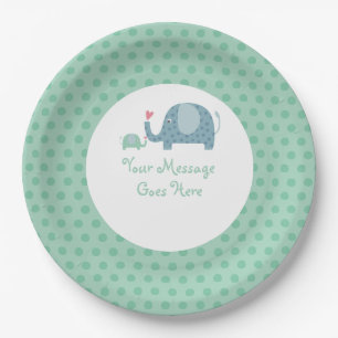 Polka Dot Elephants Mint Green Paper Plate