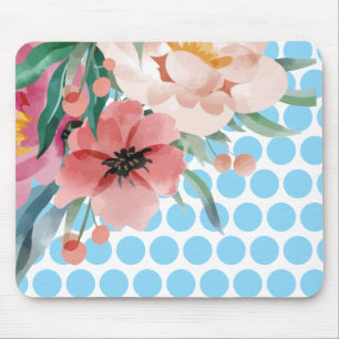 Polka Dot Floral Mousepad with Watercolor Flower