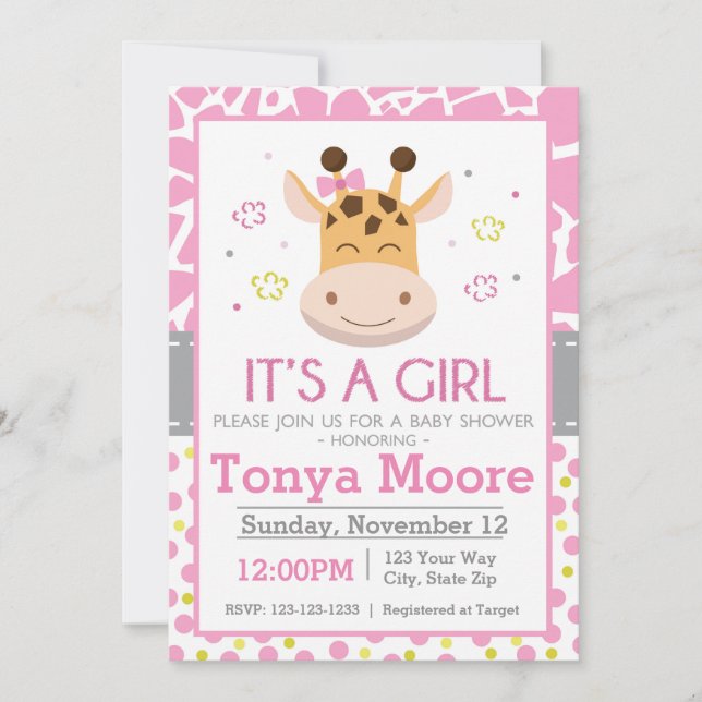 Polka Dot Giraffe Baby Shower Invitation (girl) (Front)