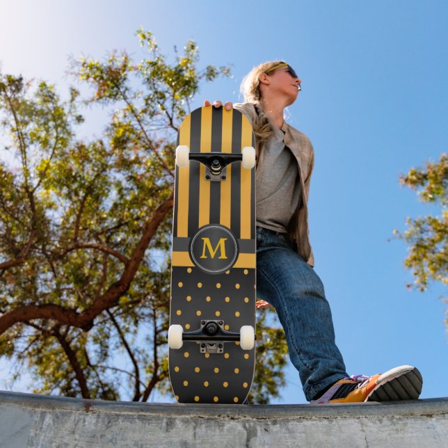 Polka Dot Golden Yellow and Black Stripes Skateboard (Outdoor 1)