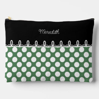 Polka dot green and black with custom name accessory pouch