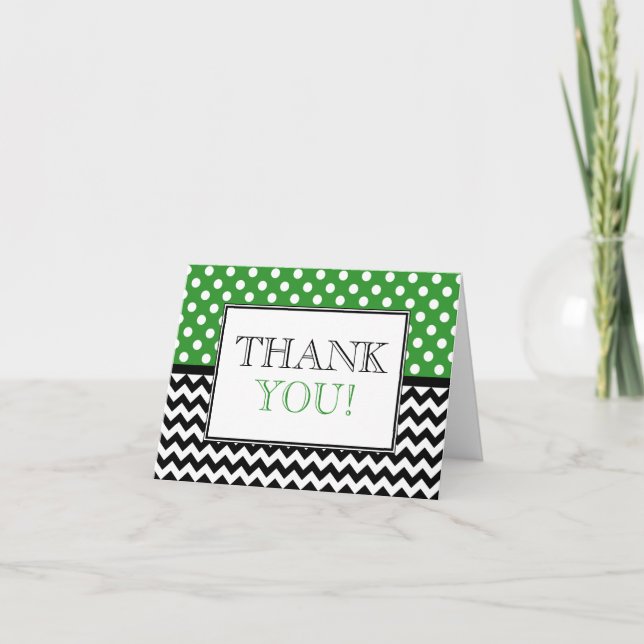 Polka Dot Green & Chevron Thank You Card (Front)