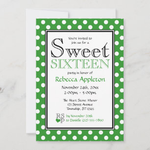 Polka Dot Green & White Sweet Sixteen Invitations