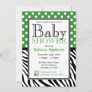 Polka Dot Green & Zebra Print Baby Shower Invitation
