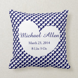 Polka Dot Hearts Personalise w Baby's Info (navy) Cushion