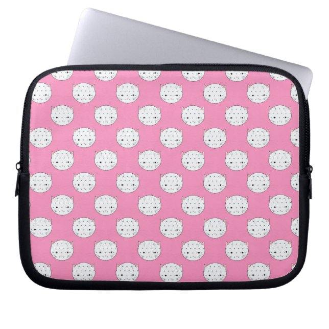 Polka Dot Kitty Pink and White Cat Face Pattern Laptop Sleeve (Front)