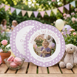 Polka Dot Lavender 1st Birthday Photo Invitation