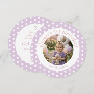 Polka Dot Lavender 1st Birthday Photo Invitation