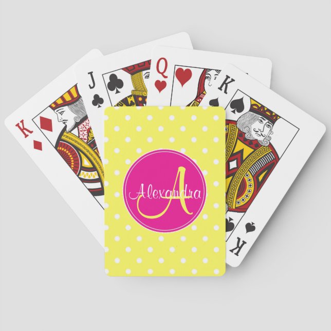 Polka dot monogram initial name chic yellow playing cards (Back)