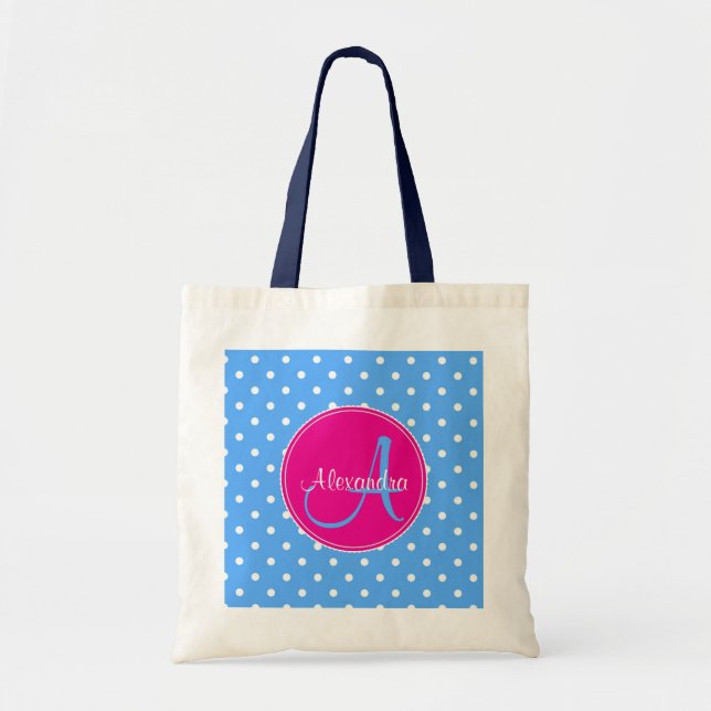 Polka dot monogram initial name pattern blue pink tote bag (Front)