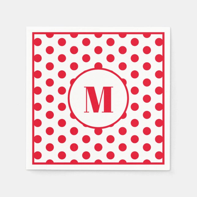 Polka Dot Monogram Initial Red Dots on White Napkin (Front)