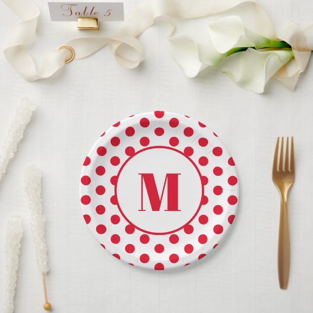Polka Dot Monogram Initial Red Dots on White Paper Plate (Wedding)