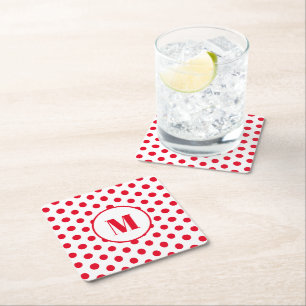 Polka Dot Monogram Initial Red Dots on White Square Paper Coaster