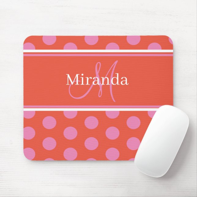 Polka Dot Monogram Script Pink Orange Girly Stripe Mouse Pad (With Mouse)