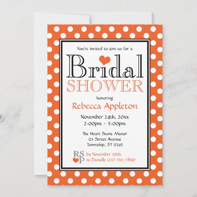 Polka Dot Orange Heart Bridal Shower Invitation (Front)