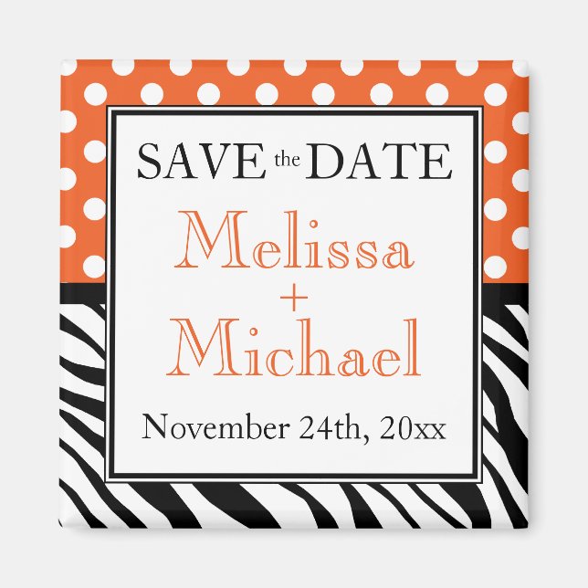 Polka Dot Orange Zebra Print Save the Date Magnet (Front)