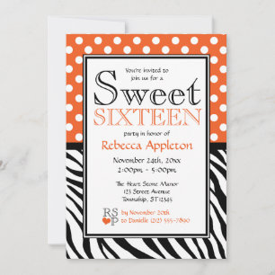 Polka Dot Orange & Zebra Print Sweet Sixteen Invitation