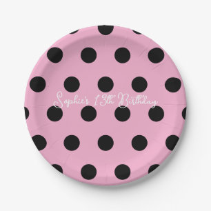 Polka Dot Party 13th Birthday - Pink & Black Dot Paper Plate