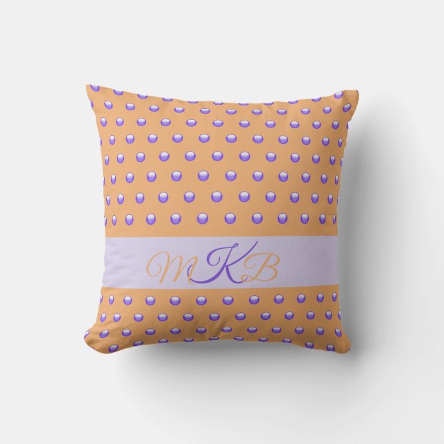 Polka Dot Pattern Modern Blue Peach Spots Monogram Cushion (Front)