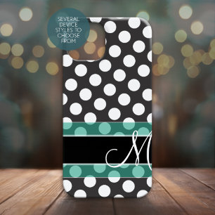 Polka Dot Pattern with Monogram - teal black iPhone 16 Case