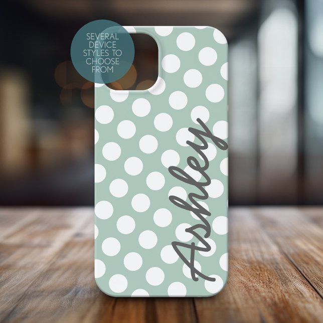 Polka Dot Pattern with name - grey mint Case-Mate iPhone Case (Personalized Phone Case with Polka Dots and Custom Name)