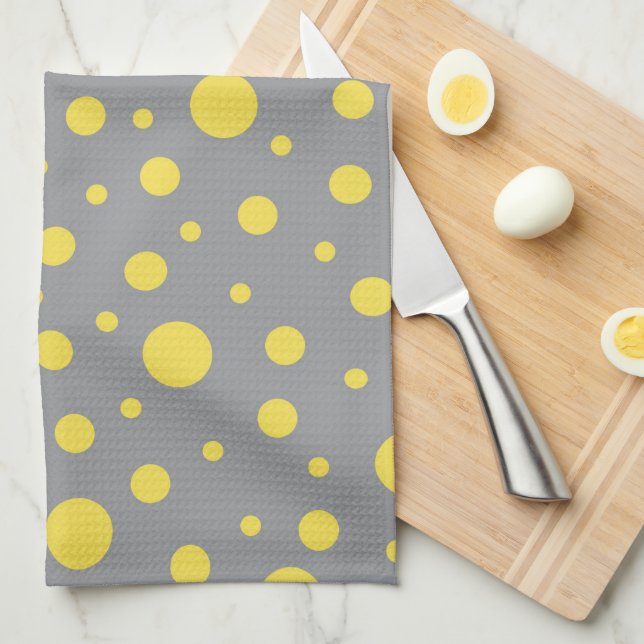 Polka Dot Pattern Yellow Grey Tea Towel (Quarter Fold)