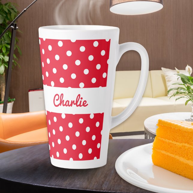 Polka Dot Patterned Retro Red White Personalised Latte Mug (A pretty red and white latte mug, with polka dots pattern personalized with a name in elegant script)