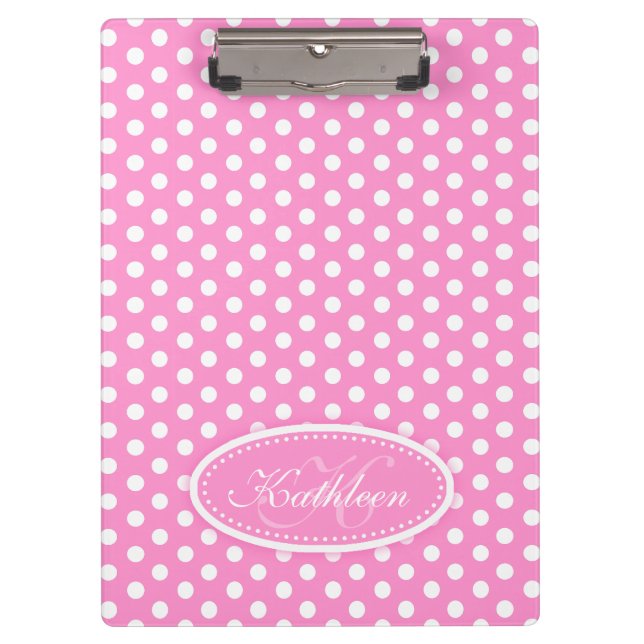 Polka dot pink add your name and initial clipboard (Front)
