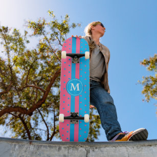 Polka Dot Pink and Blue _ Monogram Skateboard