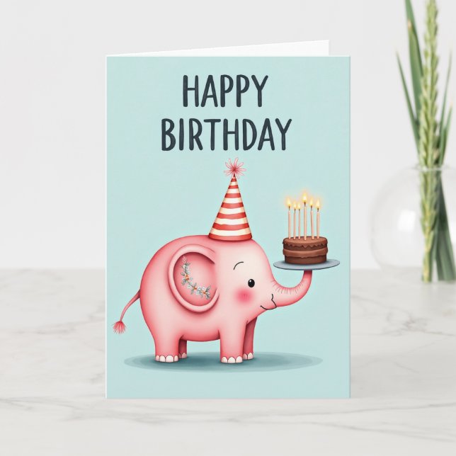 Polka Dot Pink Elephant Cake Card (Front)