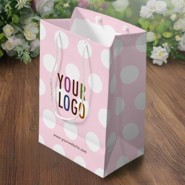 Polka Dot Pink Gift Bag with Business Logo 10 inch (MISOOK Pink Gift Bag with Polka Dots)