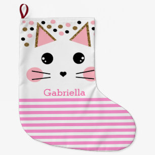 Polka Dot Pink Gold Glitter Striped Cat Face Large Christmas Stocking