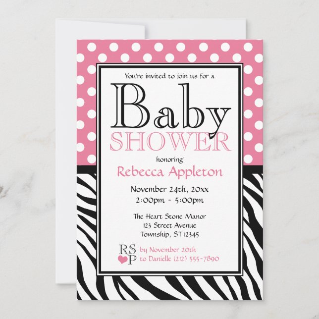 Polka Dot Pink & Zebra Print Baby Shower Invitation (Front)