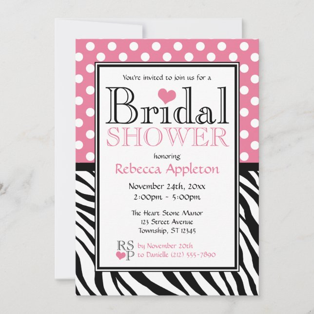 Polka Dot Pink & Zebra Print Bridal Shower Invitation (Front)