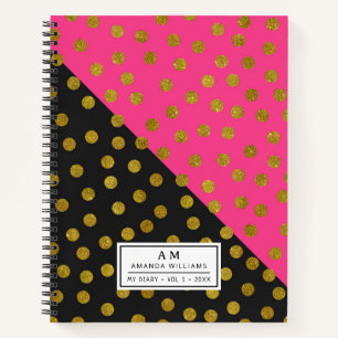 Polka dot print Pink Black Gold glitter Notebook