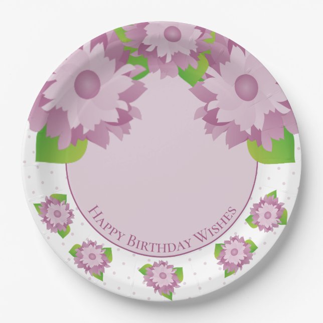 Polka Dot Purple Floral Paper Plate (Front)