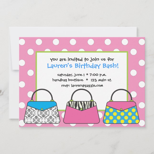 Polka Dot Purse Handbag Invitation (Front)