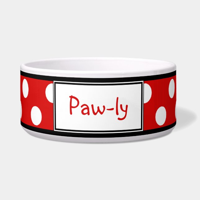 Polka Dot Red Personalised Dog Bowl (Front)