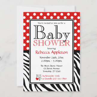 Polka Dot Red & Zebra Print Baby Shower Invitation