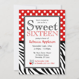 Polka Dot Red & Zebra Print Sweet Sixteen Invitation