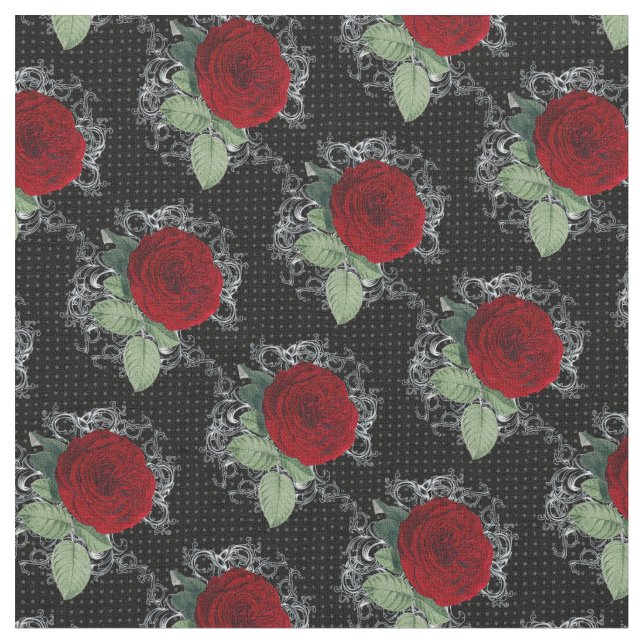 Polka Dot Roses Gothic Damask Fabric (Close Up)
