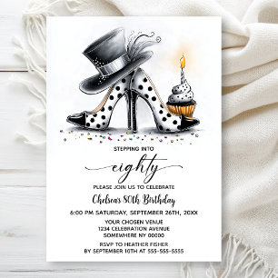 Polka Dot Stiletto Shoes 80th Birthday Invitation