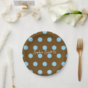 Polka Dot Sweet 16 Party Blue & Brown Dot Paper Plate