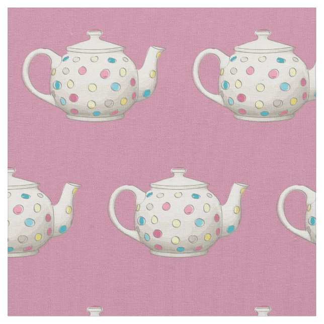 Polka Dot Tea Pot Pink Fabric (Close Up)