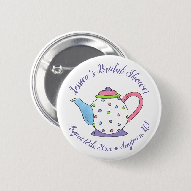 Polka Dot Teapot Afternoon Tea Bridal Baby Shower 6 Cm Round Badge (Front & Back)