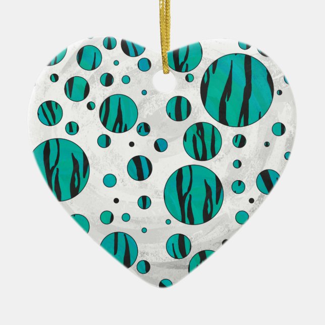 Polka Dot Tiger Black and Teal Print Ceramic Tree Decoration (Front)