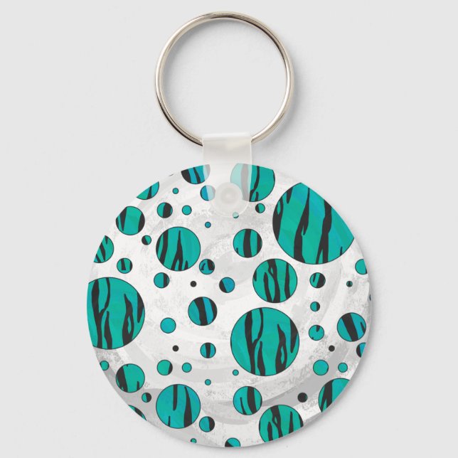 Polka Dot Tiger Black and Teal Print Key Ring (Front)