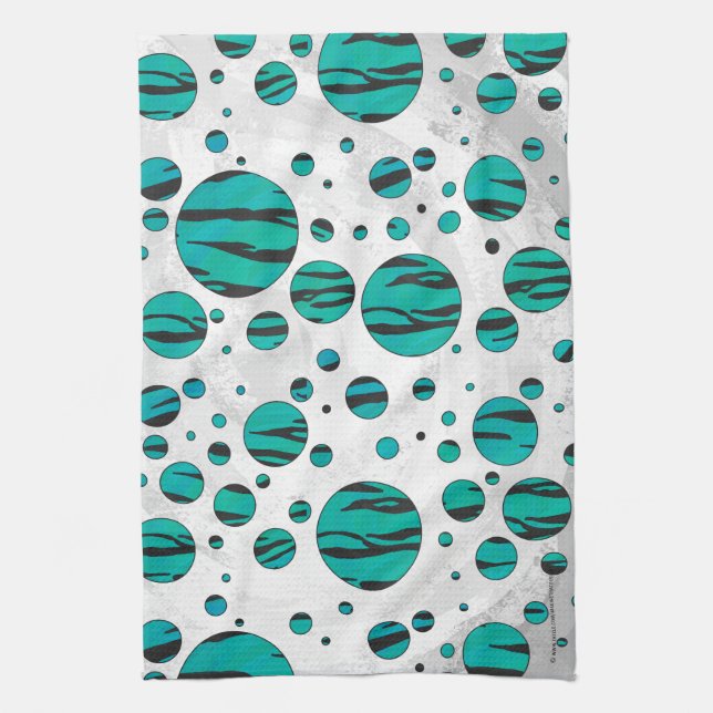 Polka Dot Tiger Black and Teal Print Tea Towel (Vertical)