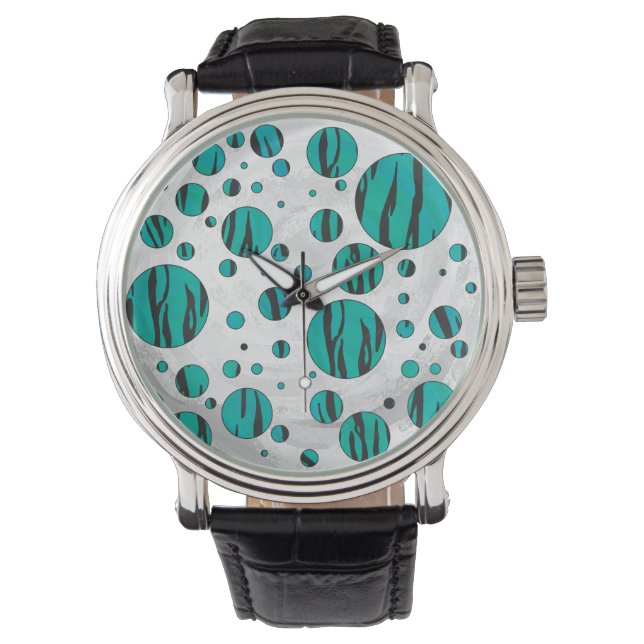 Polka Dot Tiger Black and Teal Print Watch (Front)