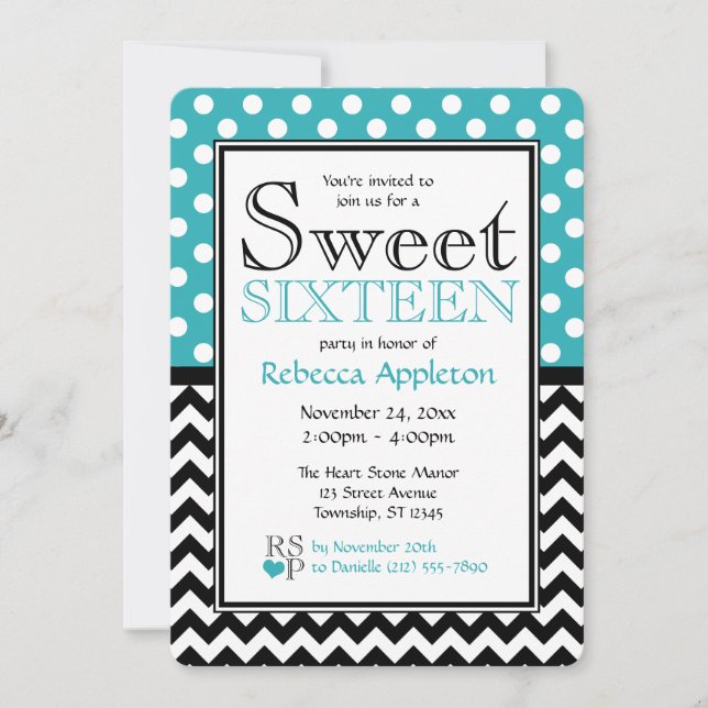 Polka Dot Turquoise & Chevron Sweet Sixteen Invitation (Front)